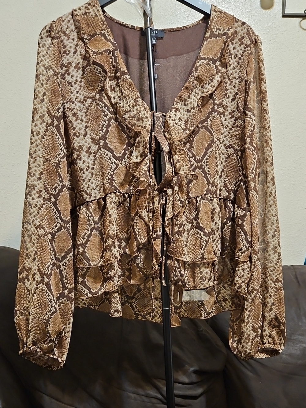 Haver Brown Snake-Print Ruffle Tie-Front Blouse